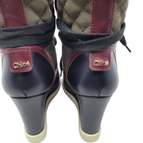 Chloe Tricolor Leather Quilted Suede Wedge Sneaker Hidden Heel‎ Booties Green 34 - Picture 11 of 16